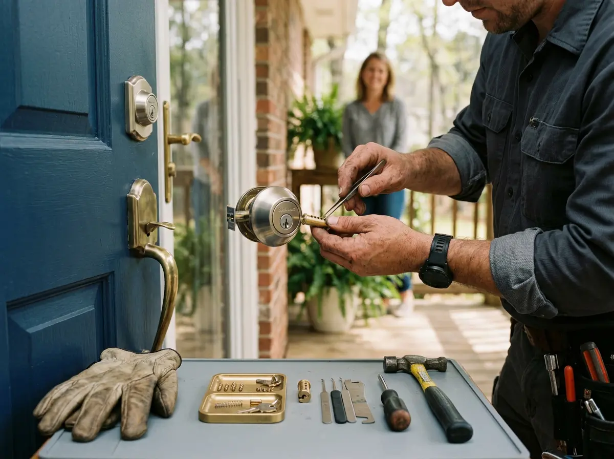 Front porch of a home with a locksmith rekeying the door